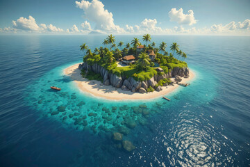 A small island with a house on it is surrounded by water - obrazy, fototapety, plakaty