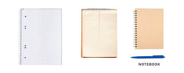 Spiral notebook notepad collection isolated. PNG with transparent background. Flat lay. Design...
