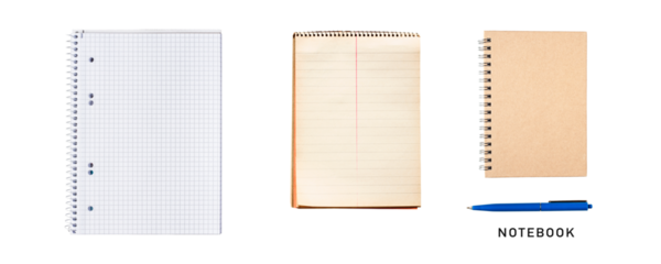 Spiral notebook notepad collection isolated. PNG with transparent background. Flat lay. Design element. Without shadow.