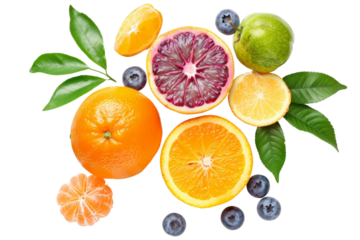 Top view group of exotic fruits with slice and green leaves isolated on background, assorted mix fruits with freshness and healthy, high vitamin and minerals.