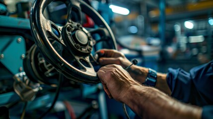 The mechanic skillfully repaired the car's steering wheel, ensuring optimal vehicle maintenance for safe driving on the road. - obrazy, fototapety, plakaty