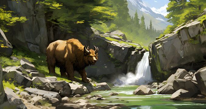 a painting of a bear by the water