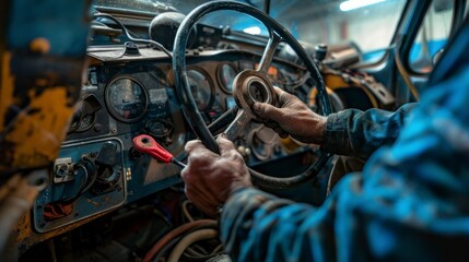 The skilled mechanic efficiently repaired the car's steering wheel, ensuring proper maintenance of the vehicle for safe driving. - obrazy, fototapety, plakaty