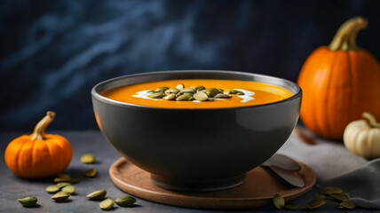 A bowl of butternut squash soup garnished with seeds, professional food photography