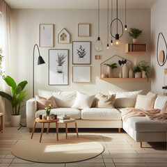 Apartment with white corner sofa. Scandinavian home interior design of modern living room