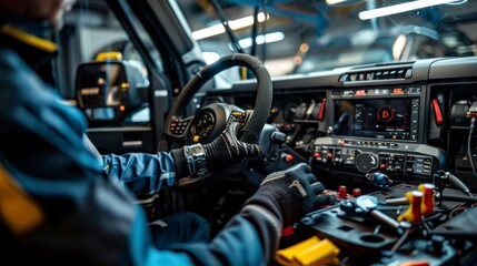 The skilled mechanic efficiently repaired the car's steering wheel, ensuring proper maintenance of the vehicle for safe driving. - obrazy, fototapety, plakaty