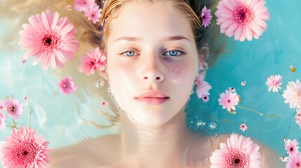 A woman with blonde hair is immersed in a pool of water, surrounded by blooming pink flowers