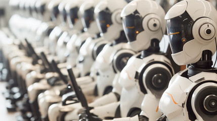 A row of robots are sitting in a line