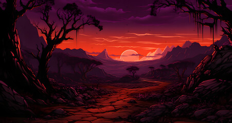 an illustration with the sun setting behind trees - Powered by Adobe