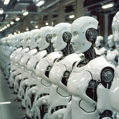 Fototapeta premium A row of white robots stand in a factory