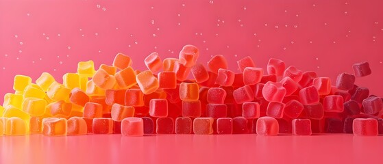 Gradient Pile of Vibrant Gummy Cubes on Pink Backdrop