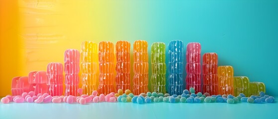 Vibrant Gummy Bear City Skyline against a Pastel Gradient Backdrop
