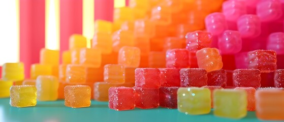 A mix of colorful jelly candies in a bowl and glass tempts with their sweet, fruity flavors
