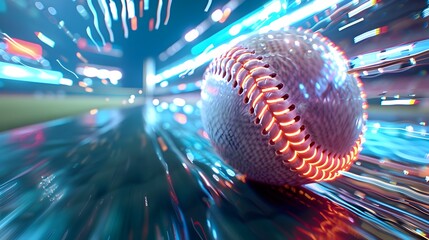 Baseball Ball in Dynamic Motion A Hyperrealistic Capture of High-Speed Action and Neon-Lit Stadium Lights