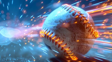 Orange Stitching Baseball in Motion Leaves Dynamic Trail of Light and Sparks Against Abstract Blue Background