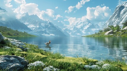 On the shores of a crystal-clear lake, surrounded by towering mountains, a lively bunny bounds across the grassy meadow with effortless grace. - obrazy, fototapety, plakaty