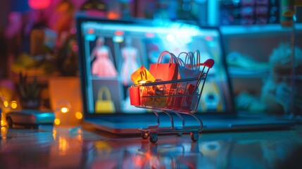 An artistic representation of online shopping with a tiny shopping cart overflowing with miniature fashion accessories, positioned in front of a laptop showing a fashion e-commerce site.
