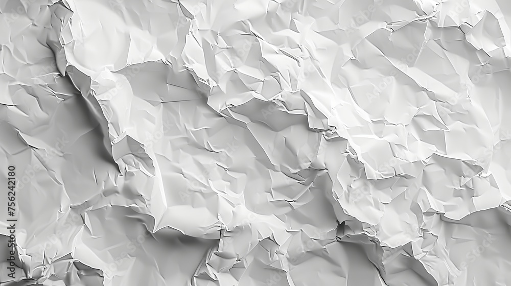 Poster close-up view of a crumpled white paper texture, providing an abstract background that conveys complexity and depth.