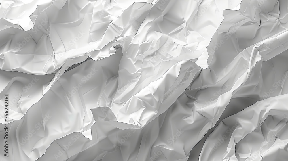 Poster close-up view of a crumpled white paper texture, providing an abstract background that conveys complexity and depth.