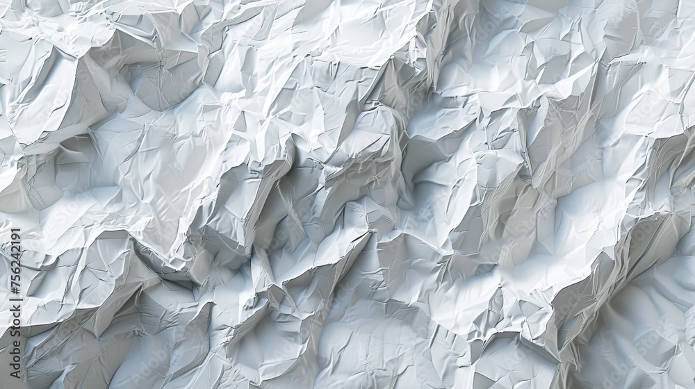 Poster close-up view of a crumpled white paper texture, providing an abstract background that conveys complexity and depth.