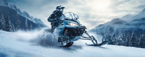 Winter snowmobile extreme fun moto sport. Snowmobile rider driving very fast in winter land