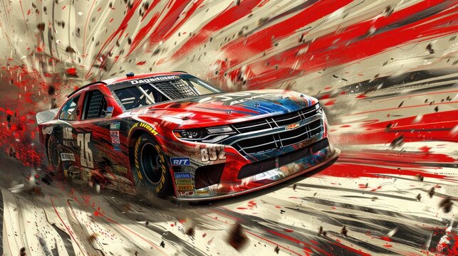 Fototapeta speed race car with abstract red and white lines. wallpaper nascar sport racing car