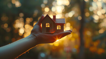 Hand holding a house. Real estate home ownership concept image. Conceptual property insurance and investment.