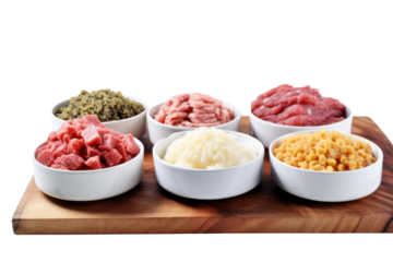 Various forms of agricultural protein such as cubes, minced pork and minced chicken are placed in bowls and lined up on wooden tables. Highlighted variety isolated on transparent background.