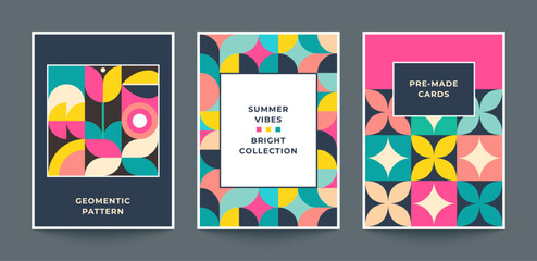 Collection of three trendy vector bright cards with patterns assembled from squares with natural elements and geometric ornament. - 756243157