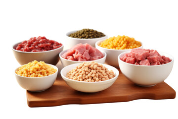 Various forms of agricultural protein such as cubes, minced pork and minced chicken are placed in bowls and lined up on wooden tables. Highlighted variety isolated on transparent background.