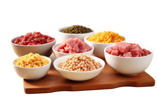 Various forms of agricultural protein such as cubes, minced pork and minced chicken are placed in bowls and lined up on wooden tables. Highlighted variety isolated on transparent background. - Powered by Adobe