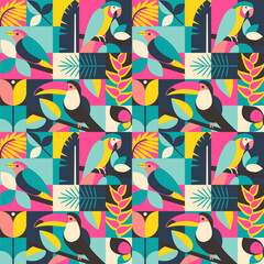 Vector summer seamless pattern assembled from squares with natural elements, birds, flowers and geometric ornaments. Vector endless background in modern style - 756243326