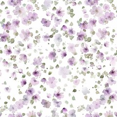 A whimsical watercolor pattern scattered with dreamy pastel lilac flowers and soft green leaves, perfect for delicate design projects and spring themes.