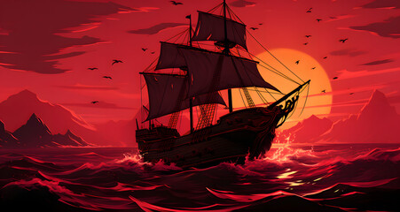 an old pirate ship sailing in a red ocean