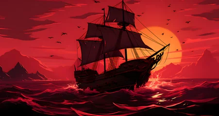 Papier Peint photo Navire an old pirate ship sailing in a red ocean