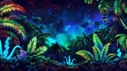 Obraz na płótnie Canvas A tropical jungle under the enchanting glow of a space nebula, showcasing a spectacular display of colors and starlight.