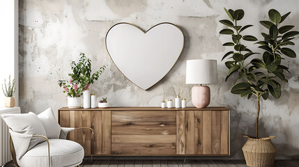 Heart shape mockup photo frame metal border, on dresser in modern living room, 3d render