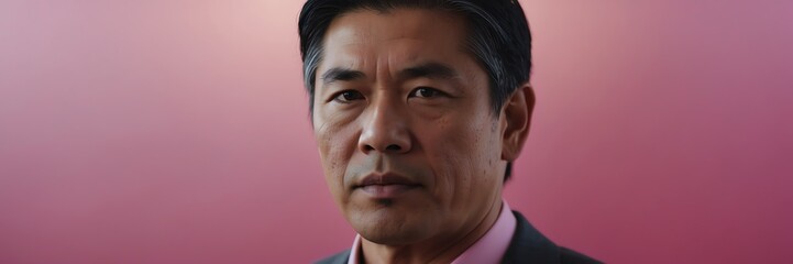 Fototapeta premium Portrait of asian businessman on pink abstract tech concept background, banner template background mockup illustration from Generative AI