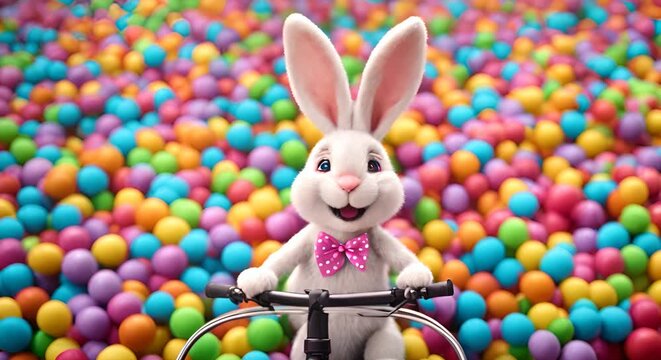 colorful Easter bunny on a bicycle celebrates Easter, with multi-colored Easter eggs in the background. video