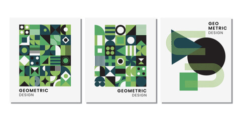 Geometric poster set in geometric style. Abstract geometric pattern background, vector circle, triangle, and square lines color art design.