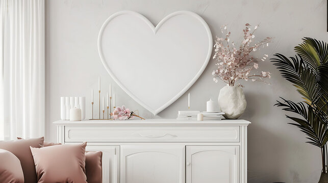 Heart shape mockup photo frame glass border, on chest drawer in modern living room, 3d render