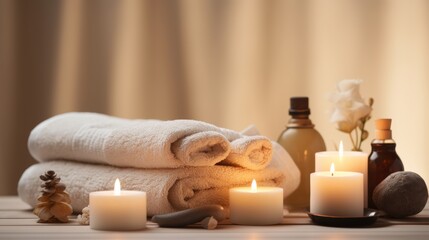 Fototapeta na wymiar Beautiful spa treatment composition such as Towels, candles, essential oils, Massage Stones on light wooden background. blur living room, natural creams and moisturizing Healthy lifestyle, body care
