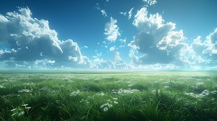 Obraz premium Serene meadow under expansive blue sky with fluffy clouds. peaceful nature landscape ideal for background or wallpaper. tranquility concept. AI