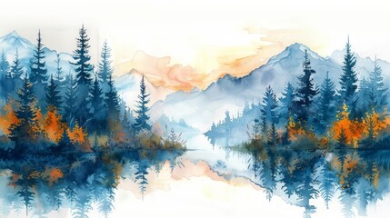 Soft Misty Forest Scene Watercolor Painting Generative AI