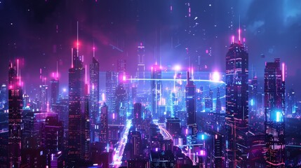 cityscape with space and neon light effect. Modern hi-tech, science, futuristic technology concept. Abstract digital high tech city design for banner background