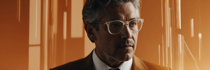 Portrait of businessman on orange abstract tech concept background, banner template background mockup illustration from Generative AI