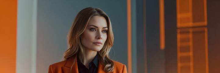 Fototapeta premium Portrait of businesswoman on orange abstract tech concept background, banner template background mockup illustration from Generative AI
