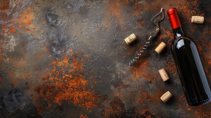 Bottle of wine, corkscrew and corks, on rusty background - obrazy, fototapety, plakaty