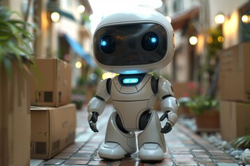 Robot Walking Down Street Next to Boxes