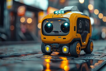 Small Yellow Robot Sitting on Wet Ground